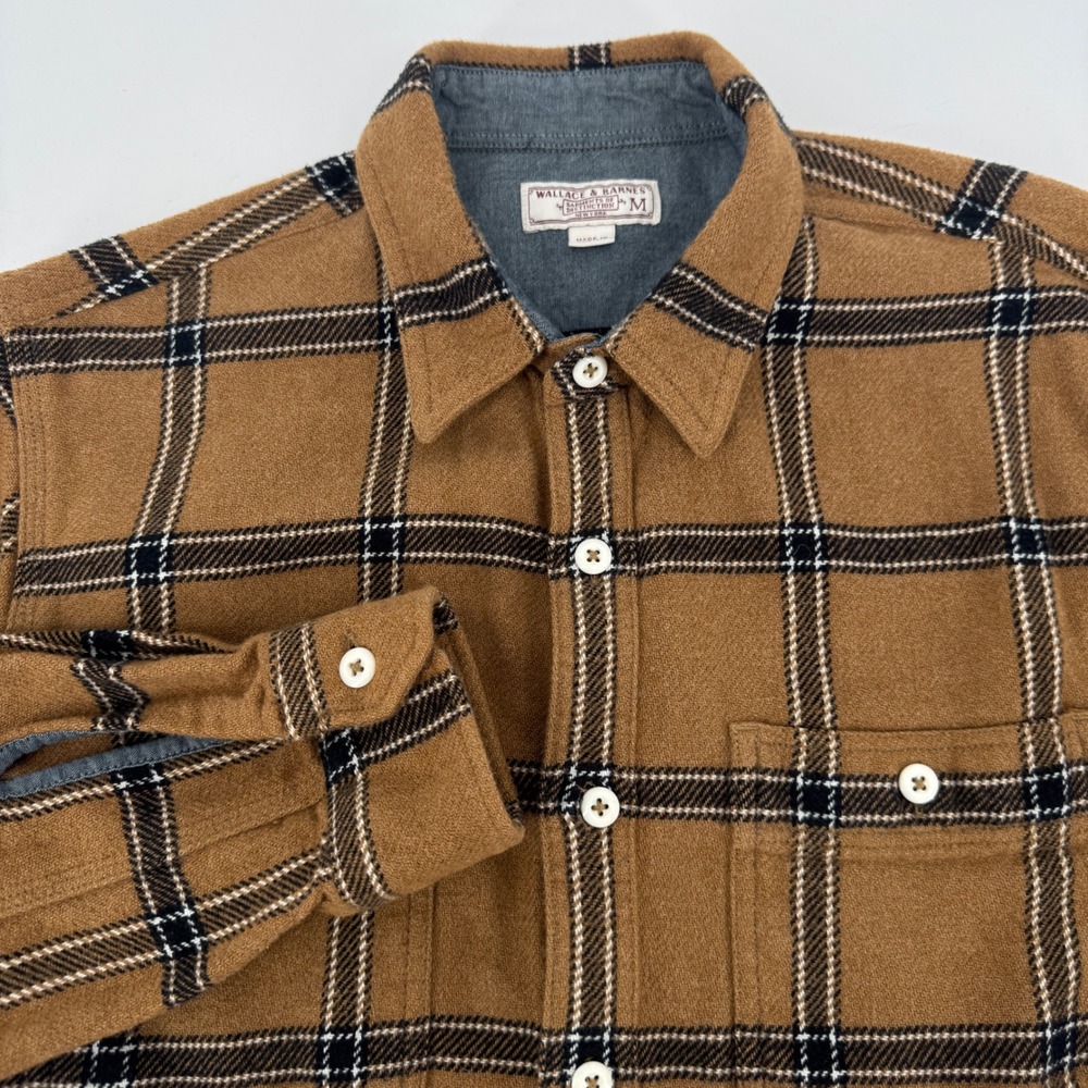 Wallace & Barnes J.Crew Mens Brown Plaid Flannel Button Down Shirt Medium Cotton